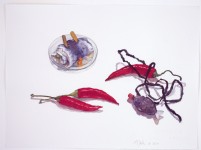 Rollmops mit Sushisoenfisch und Chilis, 2020, Aquarell und Grafit auf Hadernbtten