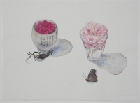 Rose de Resht und Rose Eglantyne mit japanischer Schale, 2010, Aquarell und Graphit auf Hadern